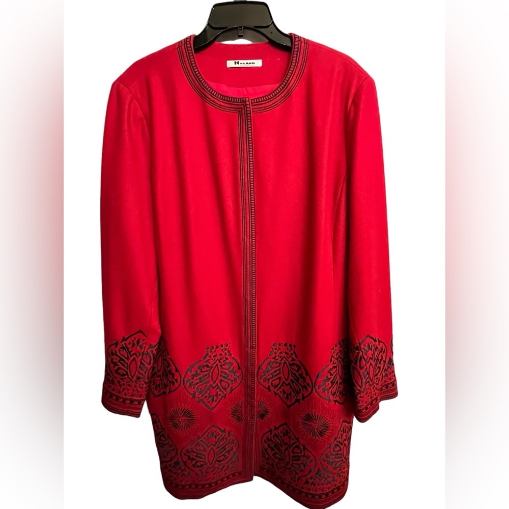 Nygard Collection - Long Coat - Red with Black Trim. Size 16 EUC warn 1 time